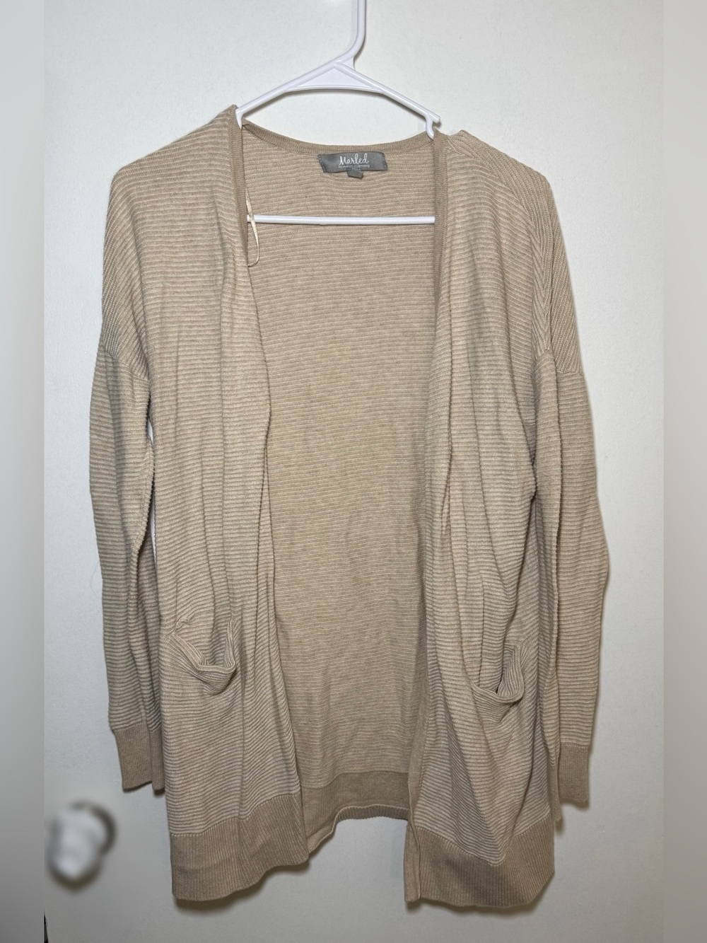 Marled Women's Beige Rib-Knit Cotton Open-Front V-Neck Pocket Cardigan,Size M